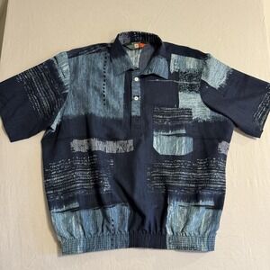 Vtg D'Accord Polo Shirt Mens XL Blue Print Banded Bottom Short Sleeve Made USA